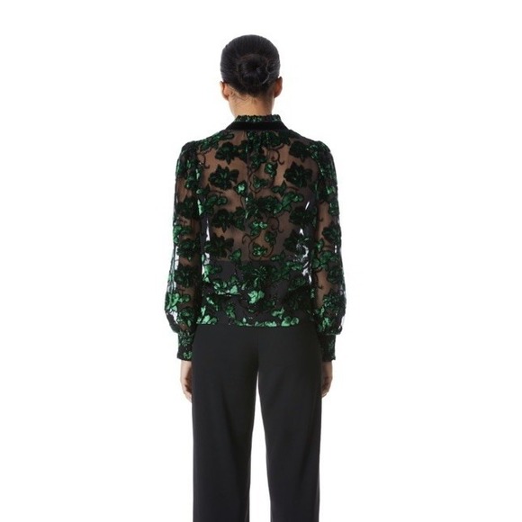 Alice + Olivia Zina Burnout Velvet Sheer Blouse In Black/Emerald Women's Large - Picture 2 of 14